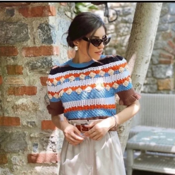 Zara Floral Crochet Striped Short Sleeve Cropped Sweater - Picture 1 of 5